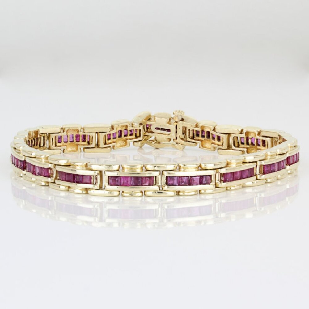 Vintage 14KYG Ruby Bar + Channel Link Tennis Bracelet Birthstone Gift